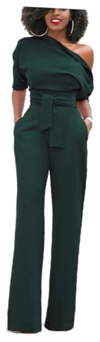 FRCOLOR Women's Wide Leg Jumpsuit with Belt Olive Green One Shoulder Short Sleeve Loose Baggy Pants Casual Outfit Size m