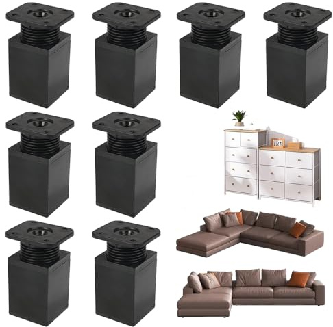 AXVRAV Lot de 8 pieds de meubles réglables de 6 cm - En métal noir - Avec vis - Réglable en hauteur - Charge lourde : 30 kg - Pieds carrés pour meubles, armoire, canapé, bureau, TV, table, lit