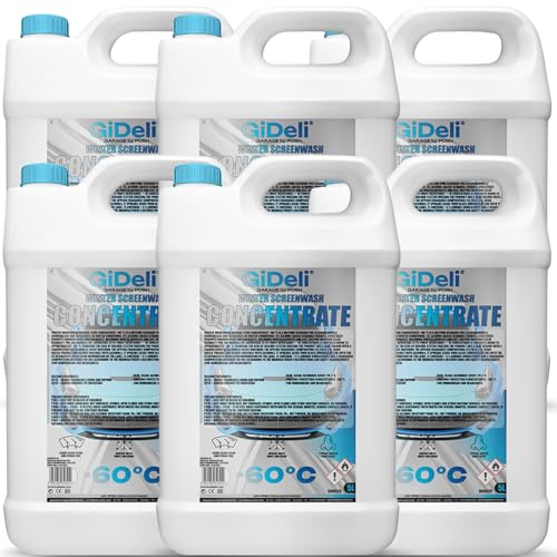 GiDeli Scheibenfrostschutz Konzentrat 6 x 5 L - Bis -60 Grad, 6 Kanister | Wischwasser Konzentrat für mehrere Fahrzeuge, sechs einzeln tragbare Kanister, löst Schneematsch, spurlos