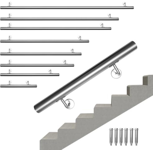 Jaxguom Corrimano in acciaio inox per scale, corrimano lungo 200 cm, diametro 42 mm, ringhiera per scale utilizzate per scale interne ed esterne, supporto da parete e tappi terminali inclusi