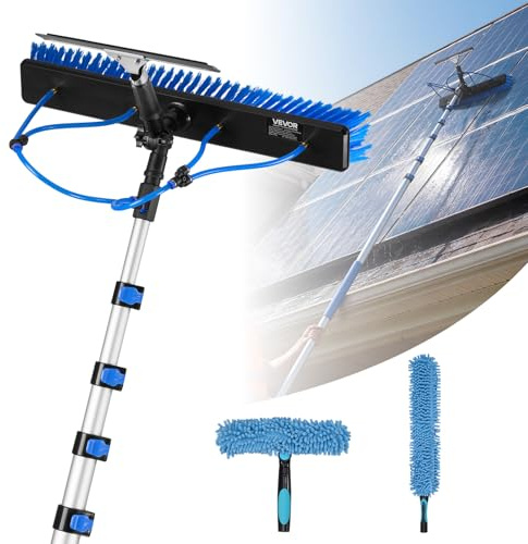 VEVOR Kit de Limpieza de Paneles Solares con Pértiga Telescópica 10 m, Suministro de Agua, Cabezal Giratorio 180°, Escobilla de Goma, Kit de Cepillo de Limpieza para Paneles Solares con Manguera 20 m