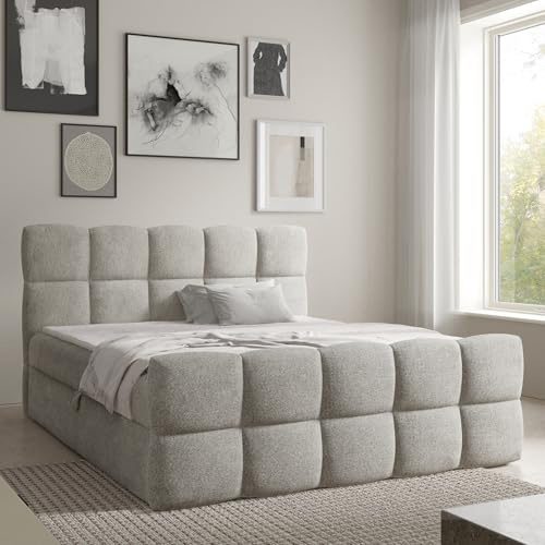 Home Collective Boxspringbett Polsterbett Doppelbett Bubble Bett mit Stauraum viele Größen und Farben | Topper inklusive | modernes Design Schlafzimmer Jugendzimmer Möbel | Hellgrau 200x200 cm