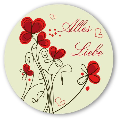 Geschenk-Aufkleber Alles Liebe mit Blumen, rund Ø 30mm selbstklebende PE-Folie, 100 Stück auf Rolle