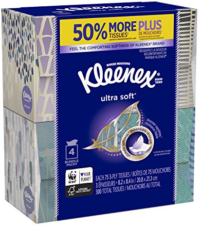 Kleenex Ultra Soft Facial Tissues, Cube Box, 75 Tissues per Cube Box, 4 Packs