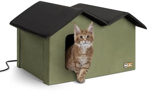 K&H PET PRODUCTS Extra breites beheiztes Katzenhaus für draußen, Katzenhaus mit 2 sicheren Fluchttüren, wetterfest, isoliert, Streun- und Wildunterschlupf mit wasserdichtem beheiztem Bett