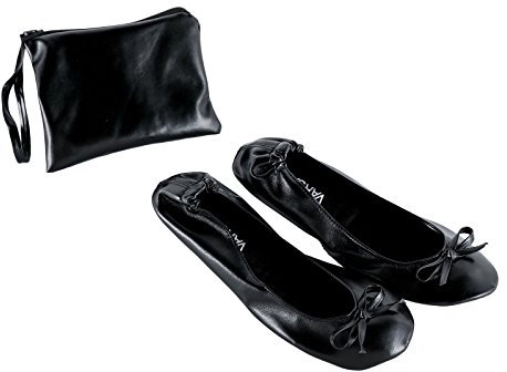 Varsany Roll Up Satin Black Shoes - Foldable Pumps Flats Ballet Dance Ladies After Party Shoes with Foldable Bag - Women's Flat Shoes