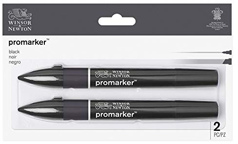Winsor & Newton, Promarker, Black, Set of 2, Alcohol Based Dual Tip Markers | Twin-tipped, Broad chisel nib for broad strokes & shading, Fine bullet tip for precision, Alcohol-Based Ink