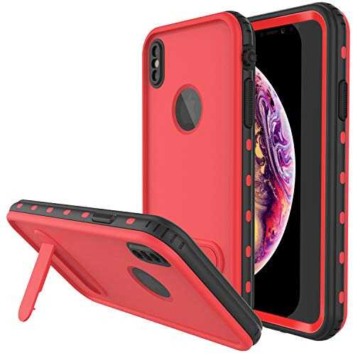 PunkCase iPhone XS Waterproof Case [KickStud Series] Slim Fit IP68 Certified [Shockproof] [Snowproof] Armor Cover W/Built-In Screen Protector + Kickstand Compatible With Apple iPhone XS [Red]