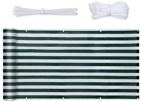 Sekey Balkon Sichtschutz Balkonabdeckung HDPE 220 g/m², 90x500cm, Leicht Transparent Wind- und UV-Schutz Wetterfest, mit Ösen, Nylon Kabelbinder und Kordel, Grün-Weiß Gestreift