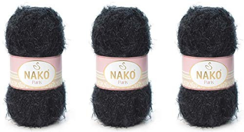 NAKO Paris Strick- und Häkelgarn aus Acryl, 3 Knäuel/Knäuel, 40 % Acryl, 60 % Polyamid, je 100 g, 250 m, Schwarz
