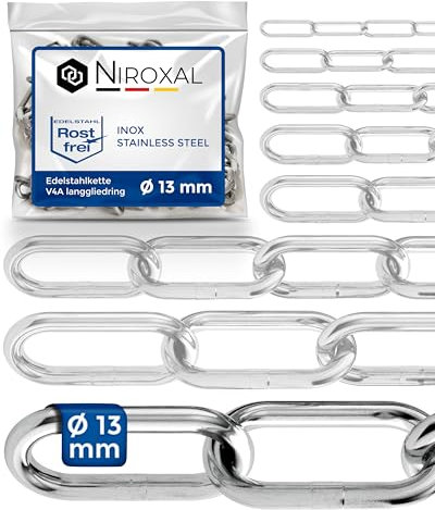 25cm = 0,25 Meter 13mm starke Eisenkette Meterware V4A Absperrkette langgliedrig am Stück A4 Stahlkette DIN5685 Metallkette DIN763 rostfreie Kette Edelstahl Gliederkette 0,25m