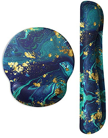 ITNRSIIET Tapis de souris de jeu avec support de poignet, support de poignet clavier et tapis de souris avec repose-poignet, base antidérapante en polyuréthane, marbrage bleu vert