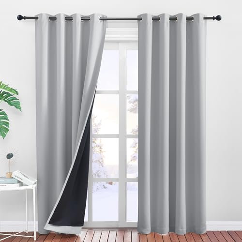 PONY DANCE Vorhang Thermo Wärmeisolierend Blickdichte Gardinen Wohnzimmer Ösenschal 2er Set H 260 x B 140 cm 100% Verdunklungsvorhänge Doppellagige und Schwere Vorhänge Hitzeschutz, Silbergrau