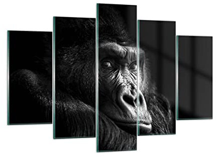 Mehrteilige Bilder auf Glas 150x100cm Glasbild Affe Gorilla Porträt Groß XXL Wanddeko Schlafzimmer Küche Set 5 teilige Wandbilder Dekoration Wohnzimmer Modern Wand Kunstdruck Art GEA150x100-5007