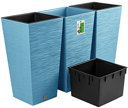 PAFEN Lot de 3 pots de fleurs avec insert - 34,5 x 34,5 x 66 cm - Pot de fleurs inspiré de la nature : aiguilles de pin - Pot de fleurs haut carré - Bleu