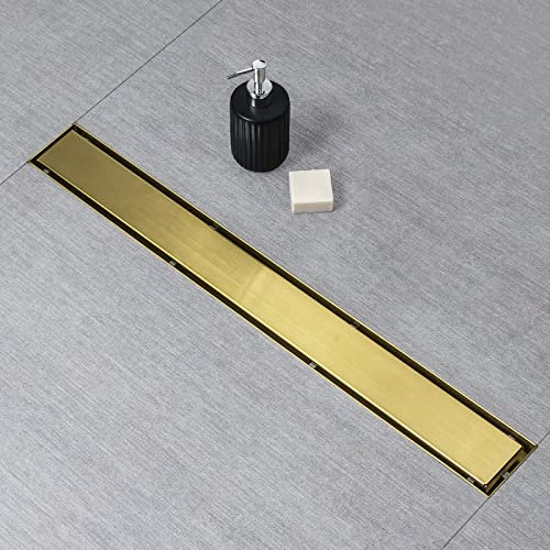 SaniteModar Linear Duschablauf Gold Duschablauf 81,3 cm mit 2 in 1 Flieseneinsatz Panel, mit Haarsieb und Nivellierfüßen