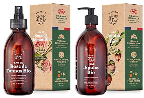 Bionoble Jojobaöl Bio 200ml - 100% Rein, Natürlich und Kaltgepresst - Gesicht, Körper, Haare, Bart, Nägel - Vegan und Cruelty Free - Jojoba Oil - Glasflasche + Pumpe & Rosenwasser Bio 200ml
