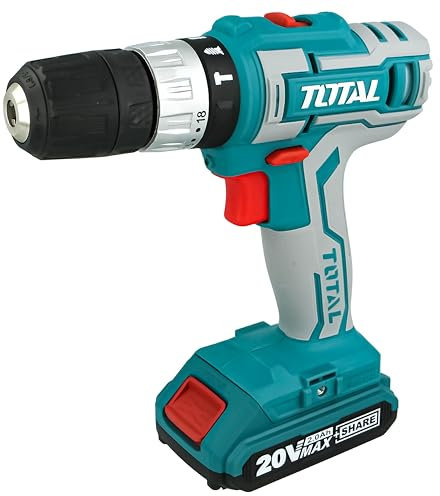 TOTAL - Taladro Percutor a Batería P20S de 20V - Portabrocas Automático hasta 10 mm - 2 Velocidades y Luz LED - Incluye 2 Baterías 2 Ah, Cargador, Maletín