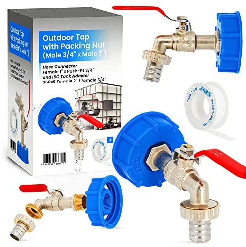Wasserhahn Zapfhahn Auslaufhahn mit Schlauchanschluss IBC Container Tank Verbinder Adapter Deckel 2 x 1/2 Kugelhahn Kugelauslaufhahn Messing Auslaufventil für Regentonne Regenwassertank