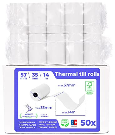 SWIPARO - Ec-Cash Thermorollen 57mm x 14m x 12mm - Kassenrollen - Thermopapier - Bonrollen für Bankomat - Kredit-Kartenlesegeräte mit SEPA-Lastschrifttext (50 Stk.)