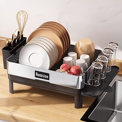 romision Escurridor de Platos Grande de Acero Inoxidable, Escurreplatos para Fregadero con Desagüe Automático, Portavasos y Porta Cubiertos Extraible (1 Piso, Negro-Plata)