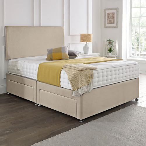 SANA SLEEP Premium Plain Fabric Divan Bed Set With Mattress, 2 Drawers (Same Side) and Headboard 5FT King - Cream Suede