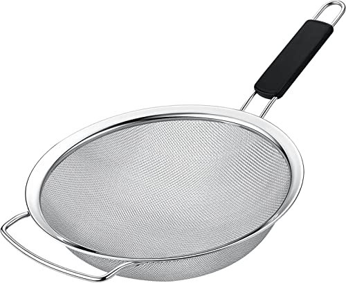 Kafoor 10 Large Fine Mesh Strainer with Thermo Plastic Rubber Handle - Sieve Fine Mesh Stainless Steel - Ideal to Strain Pasta, Quinoa and Rice (10 Black)