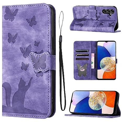 LSPCASA Housse Protection pour Samsung Galaxy A14 6.6 Pouces Matériau en Cuir PU Coque Samsung A14 avec Fentes pour Cartes Étui Motif Papillon Chat Violet