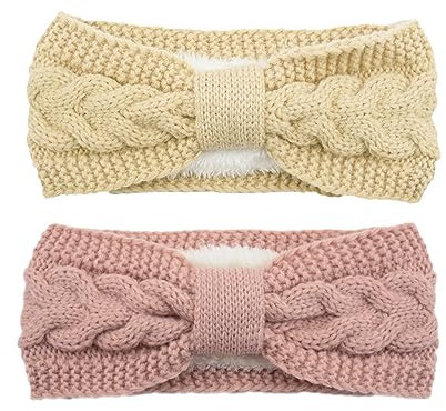Veiteibe Winter Häkelarbeit Stirnband Damen Gestrickte Mädchen Frauen Stirnbänder Verdicken Haarband Ohrenwärmer Headwrap Kopfband Elastische,Gefüttert mit Weichem Fleece Innenfutter. (white pink)