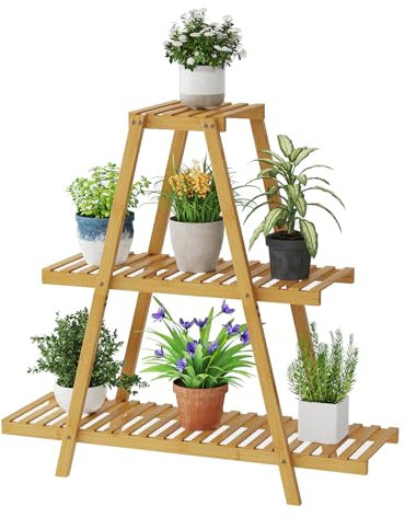 Pflanzenständer für drinnen und draußen, gestuftes Pflanzenregal, 3 Etagen, 8 Topfpflanzen, Bambus-Blumenhalter, Leiterregal für mehrere dreieckige Tische, Blumentopfständer (Natur)