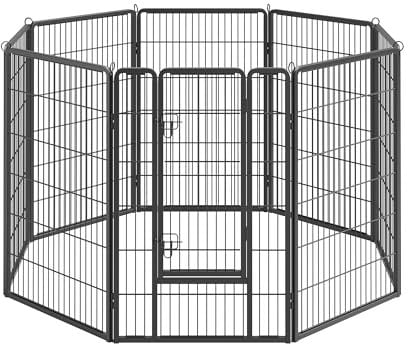 Feandrea Freilaufgehege, Laufstall DIY, mit 8 Gitterplatten je 77 x 120 cm, 2 L-förmige Riegel, transportabel, für innen und außen, extra große Haustiere ohne Halsband, schwarz PPK012B01