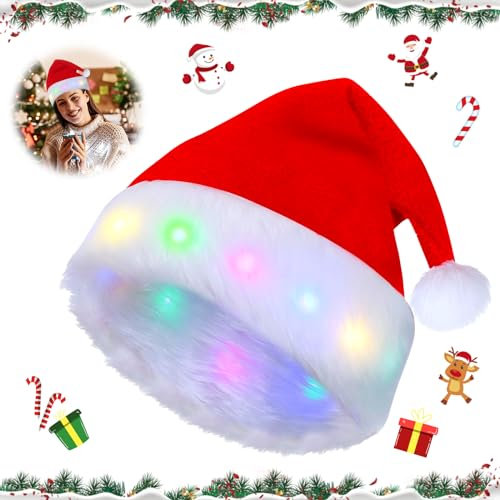 Weihnachtsmütze, LED Plüsch Weihnachtsmütze, Kinder Nikolausmütze Rot, Nikolausmütze, Plüsch Weihnachtsmütze für Weihnachten, Weihnachtsmann Kostüm Accessoires, Feiertage und Neujahrsgeschenk