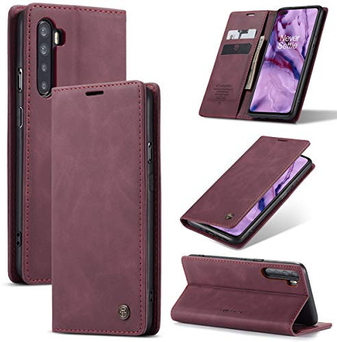 FERLAN Wallet Serie Handyhülle für OnePlus Nord Hülle,Leder Klappbar Flip Case Cover 360 Stoßfeste Case für OnePlus Nord,Burgund