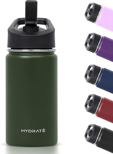 Hydrate Stainless Steel Kids Water Bottle - 400ml - Insulated Bottle with Spill Proof Straw Lid - Double Wall Insulation for Cold & Warm Drinks - Easy to Carry - Rainforest Green