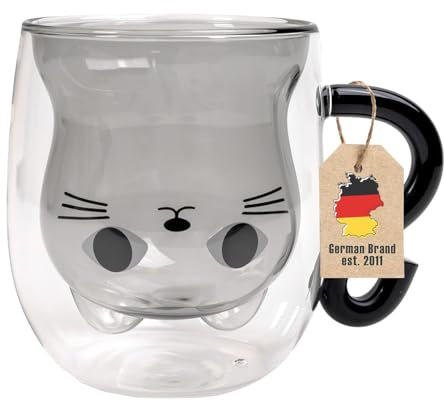 INTIRILIFE termo de vidrio de doble pared con diseño de gato en negro - 200ml de capacidad - taza de vidrio aislante resistente al calor para bebidas frías y calientes taza de café taza de té