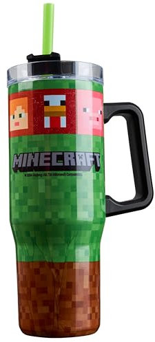 Minecraft Vaso Termico con Pajita y Asa Tapa, Aislamiento Termo Cafe Acero Inoxidable Doble Pared 940ml, Bebidas Frías 17H Calientes 8H Hielo 45H