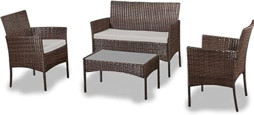 BUYEREMPIRE Garden Furniture Set 4 Piece Outdoor Rattan Sofa Table & Chairs Bistro Wicter Conservatory Comfortable Pool Side Patio Lounger Brown (4 Piece Brown Rattan)