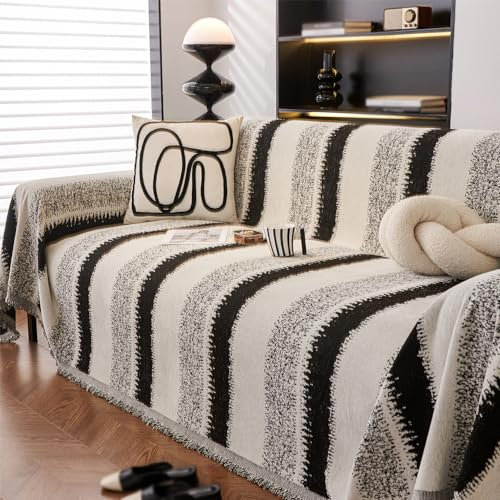 FANSU Sofabezug L Form 1 2 3 4 Sitzer, Sofaüberwurf Decke Ecksofa Universelle rutschfeste Couch Bezug Sofaschoner Sofa Decken Couch Überwürf Einteiliger Sofabezug (Schwarze Streifen,180x320cm)