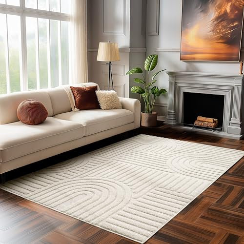 HomebyHome Kurzflor Teppich 120 x 170 cm Creme - Hoch-Tief 3D Effekt, Waschbar, Flauschig und Extra Weich - Skandinavisch Boho Muster für Wohnzimmer, Schlafzimmer, Esszimmer und Küche