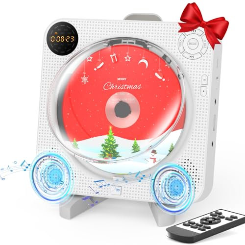 DESOBRY Tragbarer CD Player mit Bluetooth, Kleiner CD-Player für die Wandmontage mit Lautsprechern, LED-Frontbildschirm, Fernbedienung, unterstützt FM/USB/AUX (ohne Batterie)