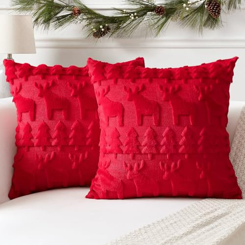 Artscope 2er Set Wolle Kissenbezüge Weicher Plüsch Kurzer Wollsamt Dekokissenbezuge Luxuriöses Sofakissen Europäische Kissenhülle für Sofa Schlafzimmer Weihnachtsbaum und Elch Rot, 60x60cm