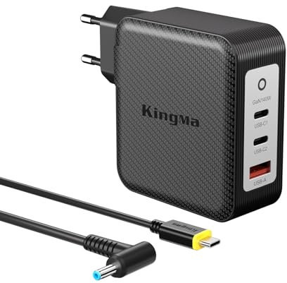 King Ma Caricatore portatile GaN da 140 W, PD 3.1, con spina pieghevole e cavo USB-C, caricatore portatile a 3 porte, compatibile con HP Omen 2/11IIIpro/3 Plus Pavilion Gaming 2/Notebook/ENVY15