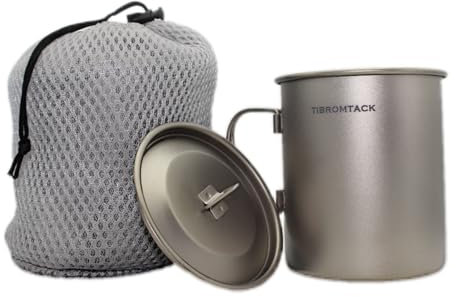 TIBROMTACK Taza de camping de titanio puro con tapa ajustada, 450 ml, taza de café ligera para camping con asa plegable, taza de titanio ultraligera para mochileros, picnic al aire libre, senderismo,