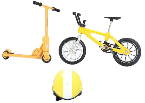 Puppenhaus Fahrrad Roller Set mit Helm,1:12 Fahrrad Roller Helm Modell Miniatur Realistische Modell Puppenhaus Dekorationen (Gelb)