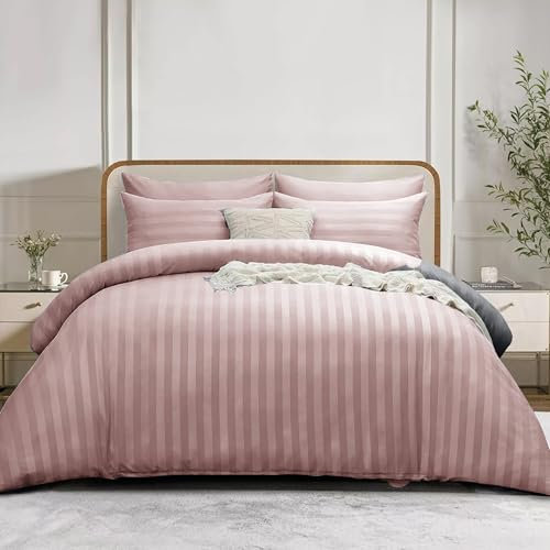 Simply Amelia Parure de lit en satin à rayures avec housse de couette et taies d'oreiller en microfibre ultra douce hypoallergénique (rose poudré, 220 x 230 cm)
