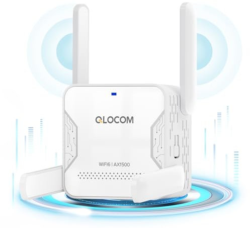 QLOCOM 2025 Neuestes AX1500 WiFi 6 WLAN Verstärker Repeater, Dualband 5.8GHz & 2.4GHz WiFi Booster mit Ethernet Port, Einfache Einrichtung, kompatibel zu Allen WLAN Geräten