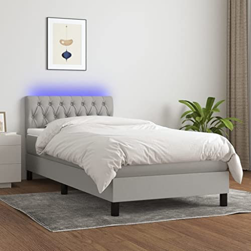OHOOWOO Boxspringbett mit Matratze & LED Hellgrau 90x200 cm Stoff,Boxspringbett mit LED, höhenverstellbarem Kopfteil und Taschenfederkernmatratze