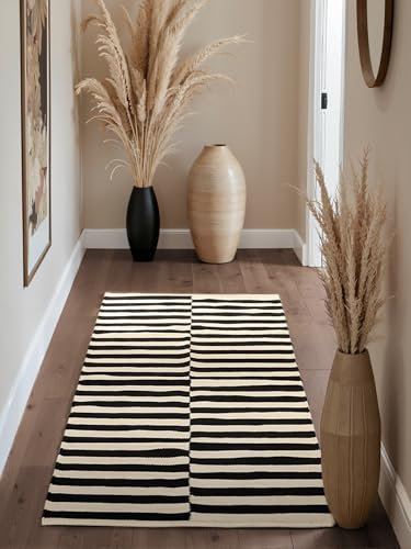 Hanse Home Donna - Alfombra de Lana Natural, Tejida a Mano y respetuosa con el Medio Ambiente, diseño a Rayas, Moderna para salón, Dormitorio, Comedor, Pasillo, Color Negro Natural y Blanco, 80 x 200
