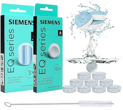 Reinigungsset für Siemens EQ Series Kaffeemaschinen: 10 Reinigungstabletten (TZ80001A) + 3 Entkalkungstabletten (TZ80002A) mit praktischer Reinigungsbürste für Kaffeevollautomaten