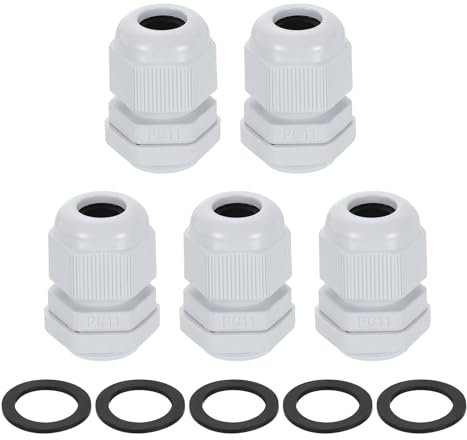 sourcing map 5Pcs PG11 Nylon Cable Glands, Waterproof Cord Grip Connector with Washer, Adjustable 5-10mm Wire Grommet Protectors with Gaskets and Locknut for Junction Box, White